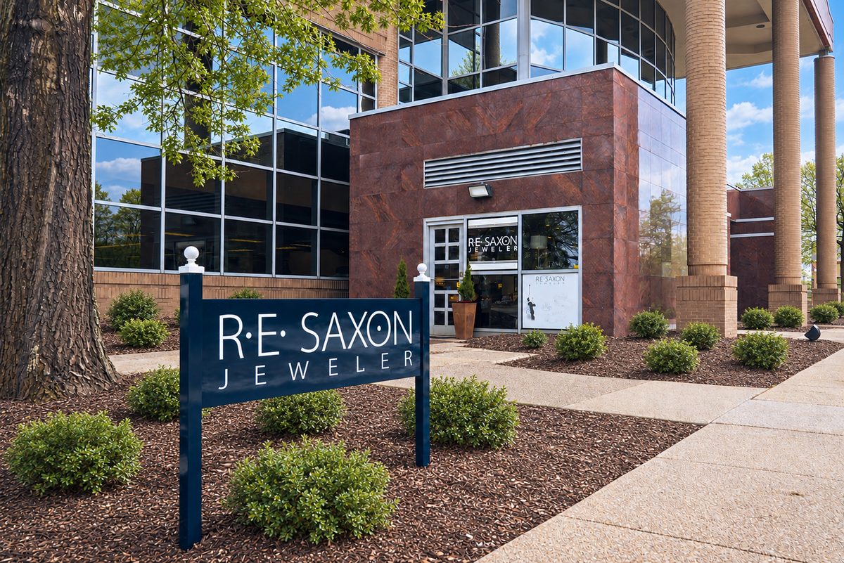 The R.E. Saxon Jeweler storefront at 333 Penco Road in Weirton, with the navy sign out front